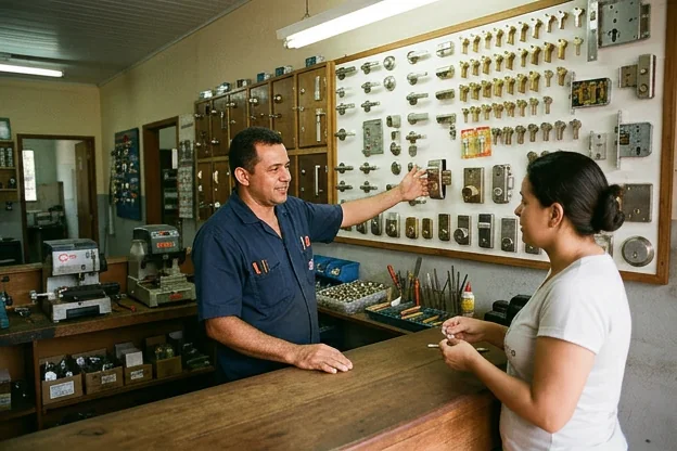 Chaveiro ajudando um cliente a escolher a fechadura ideal.