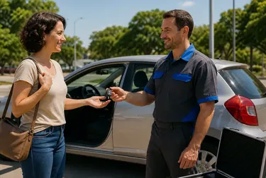 Chaveiro utilizando ferramentas para abrir um carro.