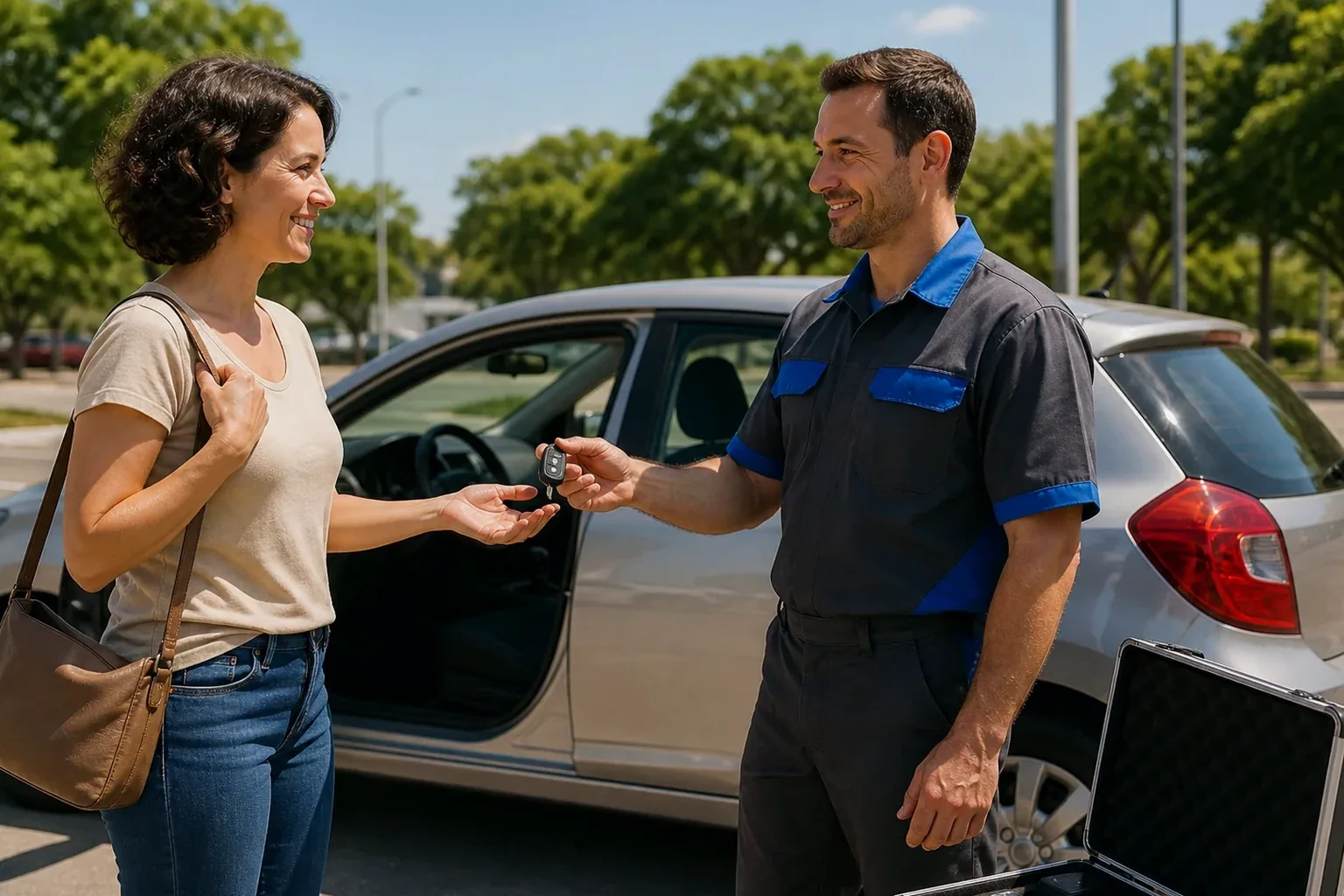 Chaveiro utilizando ferramentas para abrir um carro.