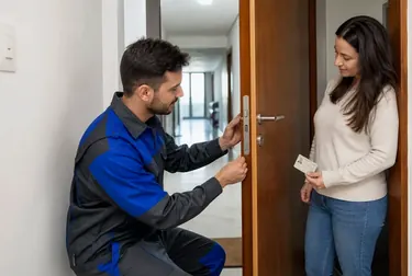 Profissional chaveiro utilizando ferramentas para abrir uma porta.